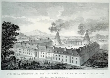 Obras de cristal da Rainha Maria Antonieta em Creusot, perto de Moncenis, na Borgonha. Gravura a partir de 1787. Le Creusot, Ecomuseu