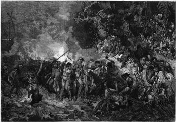 Costume da Nova Caledónia: Pilou pilou (Pilou-pilou), dança tradicional dos Kanak. Gravura em "Le Monde Illustré" n°772 de 27 de Janeiro de 1872.