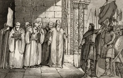 Dagobert (603-39) Descendo o Banner em St. Denis, de &39;Histoire de Paris&39; por Colart, publicado em 1840
