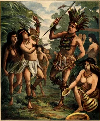 Dança dos índios Roucouyan nas Caraíbas. Gravura em "La Terre Illustree" n°77 de 21 de Abril de 1892.