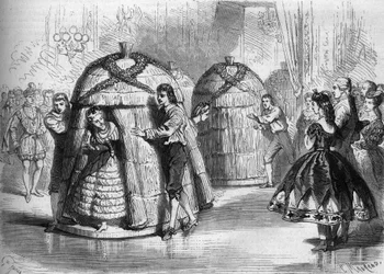 Espectáculo de dança no baile de máscaras dado pela Impressora Eugenie de Montijo: "A chegada das colmeias". Das colmeias saem quatro dançarinos. Gravura em "Le Monde Illustré" n°305 de 14 de Fevereiro de 1863.