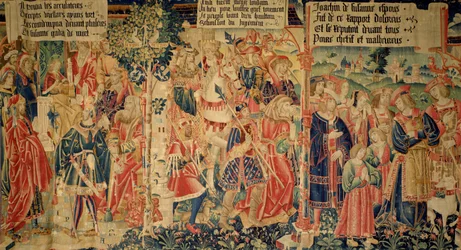 Daniel interrogando os Anciãos, os Anciãos levou à sua execução e Susanna chorando em seu caminho para o julgamento, painel da direita da História de Susanna