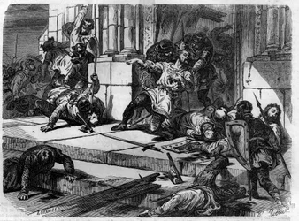 O diácono João tem as portas do palácio de Latran avariadas. Gravura em "Histoire des Papes-Rois-Queen and Empereurs a travessa les centuries" por Maurice Lachatre