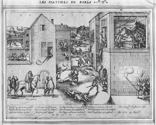 Morte do almirante Gaspard II de Coligny (1519-1772) na época do massacre de São Bartolomeu em 1572 (ver 187818 para cor)