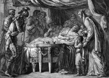 Morte de Childebert II (570-596), rei de Neustria, Orleans e Burgundy, como resultado de envenenamento. 596. Gravura do século XVIII.