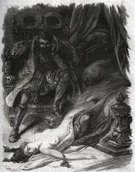 Morte de Françoise de Foix, condessa de Châteaubriant (c. 1495-1537), assassinada pelo marido Jean de Laval, conde de Châteaubriant (Laval-Châteaubriant) (1486-1543), que assim se vingou das infidelidades da esposa. Gravura de 1871 de «Histoire des...»