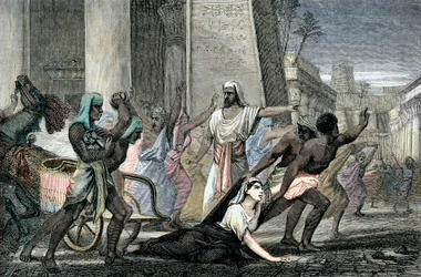 Morte de Hipátia, assassinada por seguidores de Cirilo, patriarca de Alexandria, final do século XIX (gravura)