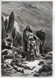 Morte do Rei Harold II (1022-1066) na Batalha de Hastings em 1066 - Edith Swannesha (Swanneck), conhecida como Edith la Juste (1025-1086) descobre o corpo de seu marido - Ealdgyth (Edith a Feira ou Edith Swanneschal), descobrindo o corpo de Harold Godwi