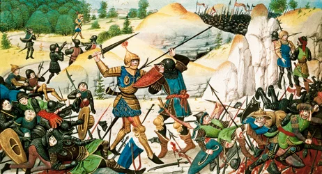 Morte do Cavaleiro Roland, sobrinho de Carlos Magno, na batalha de Roncesvaux (778) entre a Arma de Carlos Magno e os Sarracenos. Miniatura do século XIV.