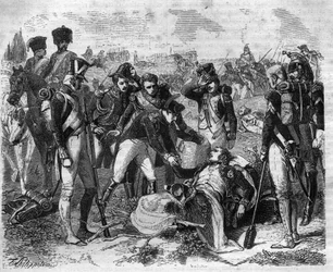 Morte do marechal Jean Lannes (1769-1809), marechal do Império em Essling. Gravura em "Histoire des Papes-Rois-Queen and Empereurs a travessa les centuries", de Maurice Lachatre