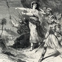 Débora leva o povo de Israel oprimido por Jabin, o rei de Canaã, a lutar. Gravura da "História Sagrada" da Colecção Privada do século XIX de Lahure