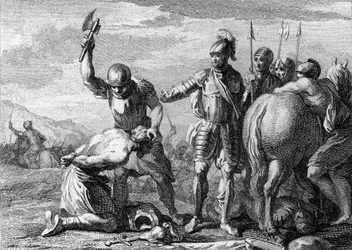Decapitação de Siágrio, 486: execução do general romano Siágrio (430-486), derrotado na Batalha de Soissons pelas tropas de Clóvis I. Gravura do século XVIII.