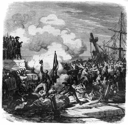 Declaração do bloqueio continental iniciado pelo Decreto de Berlim em Novembro de 1806 contra a Inglaterra, encomendado por Napoleão I Bonaparte Napoleão, que tentou arruinar o Reino Unido, impedindo-o de negociar com o resto da Europa. Gravação em