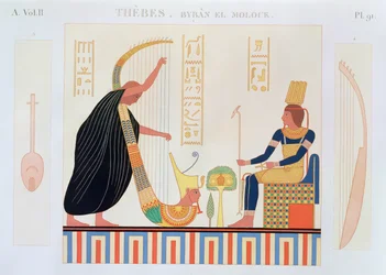 Decoração da Sala das Harpas, Tumba Oriental, Byban el Molouk, Tebas, Volume II, placa 91 de Descrições do Egito, de Edmonde Francois Jomard, publicada em 1809-22