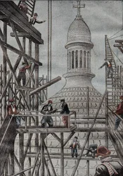 Demonstração de andaimes revelando o fim da construção da cúpula da Basílica de Montmartre. Gravura em "Le Pelerin" 17/12/1899.