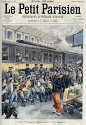 Partiu na estação em uma viagem escolar. As crianças entram no comboio, em "Le petit Parisien".