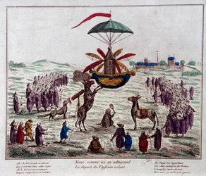 Partida do navio voador de sátira na máquina voadora imaginada por Jean-Pierre Blanchard (1753-1809): burros, macacos e cegos olham para a estranha máquina equipada com seis asas e um leme. Gravura do final do século XVIII. Paris, Carneiro Musee