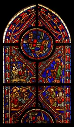 Retratando uma parte de uma janela da igreja de Varennes-Jarcy (originalmente da Abadia de Gercy); cenas incluem a Anunciação aos Pastores, a Sinagoga e os anjos músicos (vitrais)