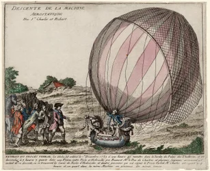 Descendência da Máquina Aerostática de Srs. Charles e Robert, pub. 1783 (gravura colorida à mão)