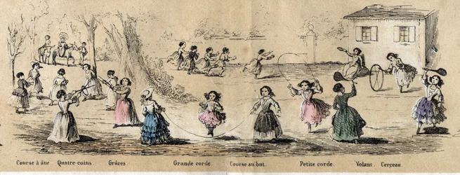 Descrição dos passatempos e jogos infantis: jogos de meninas, jogo de quatro cantos, saltar à corda, correr para a baliza, aro e volante. Placa "les jeux de l