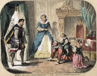Descrição do lazer e das brincadeiras das crianças: Rei de França Henrique IV (1553-1610) brincando com seus filhos (provavelmente Luis XIII e Elisabeth da França) na frente do embaixador espanhol. A Rainha Maria de Medicis está presente. Placa "les jeux d