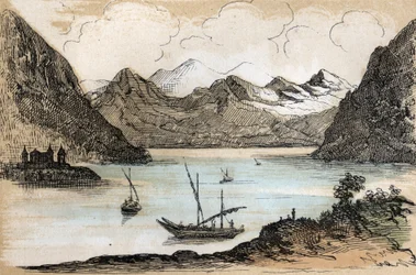 Descrição dos diferentes tipos de paisagens e relevos de acordo com a geografia: detalhe retratando o Lago de Genebra. Placa "Geografia Física" em "les Recreations instructives" Pintura sinóptica de Jules DELBRUCK, gravada a partir de 1860. Coleções partic