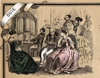 Descrição dos cinco sentidos: detalhe da audição, um concerto de música durante uma noite social. Placa "Les cinq sens" em "les Recreations instructives" Pintura sinóptica de Jules Delbruck, gravada a partir de 1860. Coleção particular.