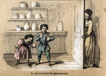 Descrição dos cinco sentidos: detalhe do gosto, duas crianças gananciosas presas pela mãe que esconde um pote com sabor amargo entre os outros potes de açúcar. Placa "Les cinq sens" em "les Recreations instructives" Pintura sinóptica de Jules Delbru