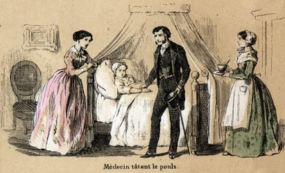 Descrição dos cinco sentidos: toque, um médico a tatuar o pulso de uma rapariga doente. Placa "Les cinq sens" em "les Recreations instructives" Pintura sinóptica de Jules Delbruck, gravada a partir de 1860. Coleção particular.