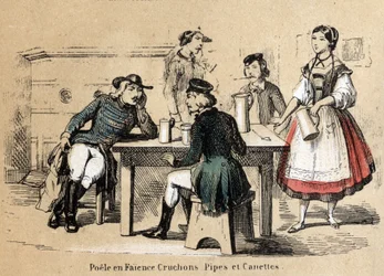 Descrição das várias etapas de fabrico e utilizações da argila: produtos de barro (fogão de barro, jarras, tubos e latas). Placa "A argila e seus produtos" em "Les Recreations instructives" Pintura sinóptica de Jules DELBRUCK, gravura a partir de 1860. Pr
