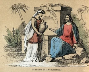 Descrição das várias etapas de fabricação e usos do barro: Jesus e Samaritano carregando um jarro de barro na Bíblia. Placa "O barro e seus produtos" em "Les Recreations instructives" Pintura sinóptica de Jules DELBRUCK, gravada a partir de 1860. Particula