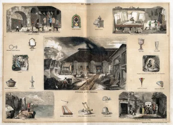 Descrição das várias fases de fabrico e utilizações do vidro: vista do interior de uma fábrica de vidro, fabrico de garrafas numa oficina de sopro de vidro, douradura, polimento e estampagem de gelo, e vários objectos (microscópio, espelho, vidros, termopl