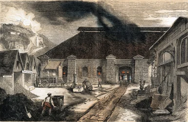 Descrição das várias fases de fabricação e usos do vidro: vista do interior de uma fábrica de vidro. Placa "Vidro e seus produtos" em "Les Recreations instructives" Pintura sinóptica de Jules DELBRUCK, gravura a partir de 1860. Coleção particular