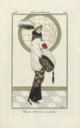 Desenho de um conjunto de arminho e gato-do-mato, de Costumes Parisien, pub.1913 (impressão em pochoir)