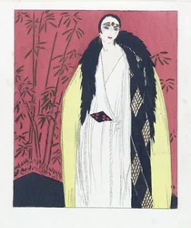Desenho de um vestido de noite com capa de peles, pub. 1924 (estampa de pochoir)
