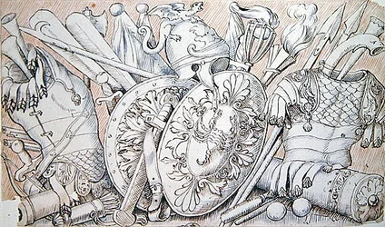 Desenhos para braços e armaduras para uso de palco em Tragédias (caneta e tinta e lavagem)