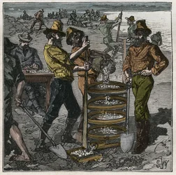 Lavagem de diamantes na África do Sul, no século XIX. Gravura a partir de 1885 em "Les arts et metiers illustres" de Adolphe BITARD.