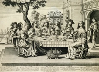 Diners em um terraço com um jardim formal abaixo, gravado por Balthazar Moncornet (c.1600-68)