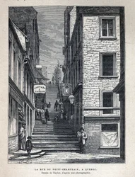 Descubra o Canadá: Rue du Peute Champlain (Petity-Champlain) em Quebec. Desenho por Taylor a partir de uma fotografia. Gravura do final do século XIX em "La nouvelle France" de Eugene Guenin.
