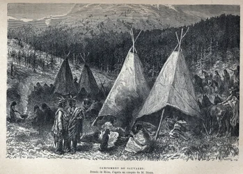 Descobrimos o Canadá: Acampamento dos índios americanos com teepees. Desenho de Riou a partir de um esboço de Dixon. Gravura do final do século XIX em "La nouvelle France" de Eugene Guenin.