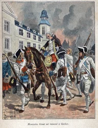 Descobrimos o Canadá: Louis Joseph de Montcalm (1712-1759) general francais ferido durante o cerco da cidade de Quabec pelos ingleses e trazido de volta ao Quebec em 1759. Gravura do final do século XIX em "La nouvelle France" de Eugene Guenin.