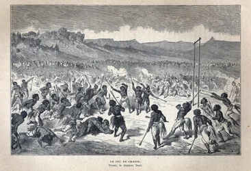 Descobrimos o Canadá: Desporto. O jogo de lacrosse dos índios americanos. Desenho de Gustave Dore. Gravura do final do século XIX em "La nouvelle France" de Eugene Guenin.