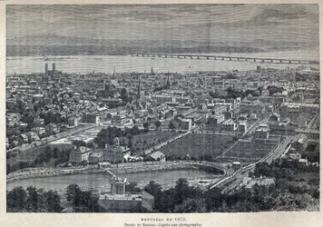 Descoberto o Canadá: vista da cidade de Montreal em 1875. Desenho por Benoist depois da fotografia. Gravura do final do século XIX em "La nouvelle France" de Eugene Guenin.
