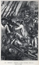 Descoberto do Canadá: Jacques Pierre de Taffanel de la Jonquiere (1685-1752) Oficial naval francês à frente do navio francês "Le serieux" resistiu a cinco navios ingleses. Desenho por Sahib. Gravura do final do século XIX em "La nouvelle Fra