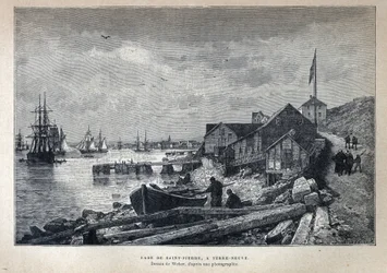 Descoberto do Canadá: O porto de São Pedro (St. Pierre) para Newfoundland, Newfoundland. Desenhado por Weber a partir de uma fotografia. Gravura do final do século XIX em "La nouvelle France", de Eugene Guenin.