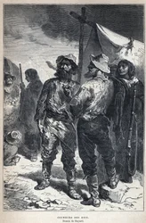 Descoberto do Canadá: coureur des bois (envolvido no comércio de peles com os ameríndios). Desenho Bayard. Gravura do final do século XIX em "La nouvelle France" de Eugene Guenin.