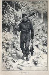 Disouverte du Canada: retrato de um caçador canadense na floresta. Gravura do final do século XIX em "La nouvelle France" de Eugene Guenin.