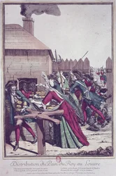 Distribuição da dor du roi (reis pão) no louvre durante um tempo de fome (gravura de cor)