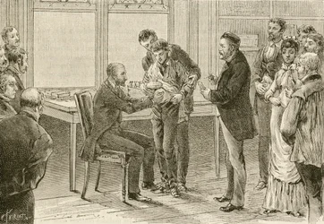 O Doutor Pasteur examina rapaz infectado com raiva. Século XIX (gravura)
