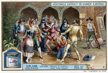 Don Juan: Acto I, Cena XX, Don Juan no baile de máscaras - cromo Liebig